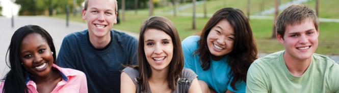 five smiling friends